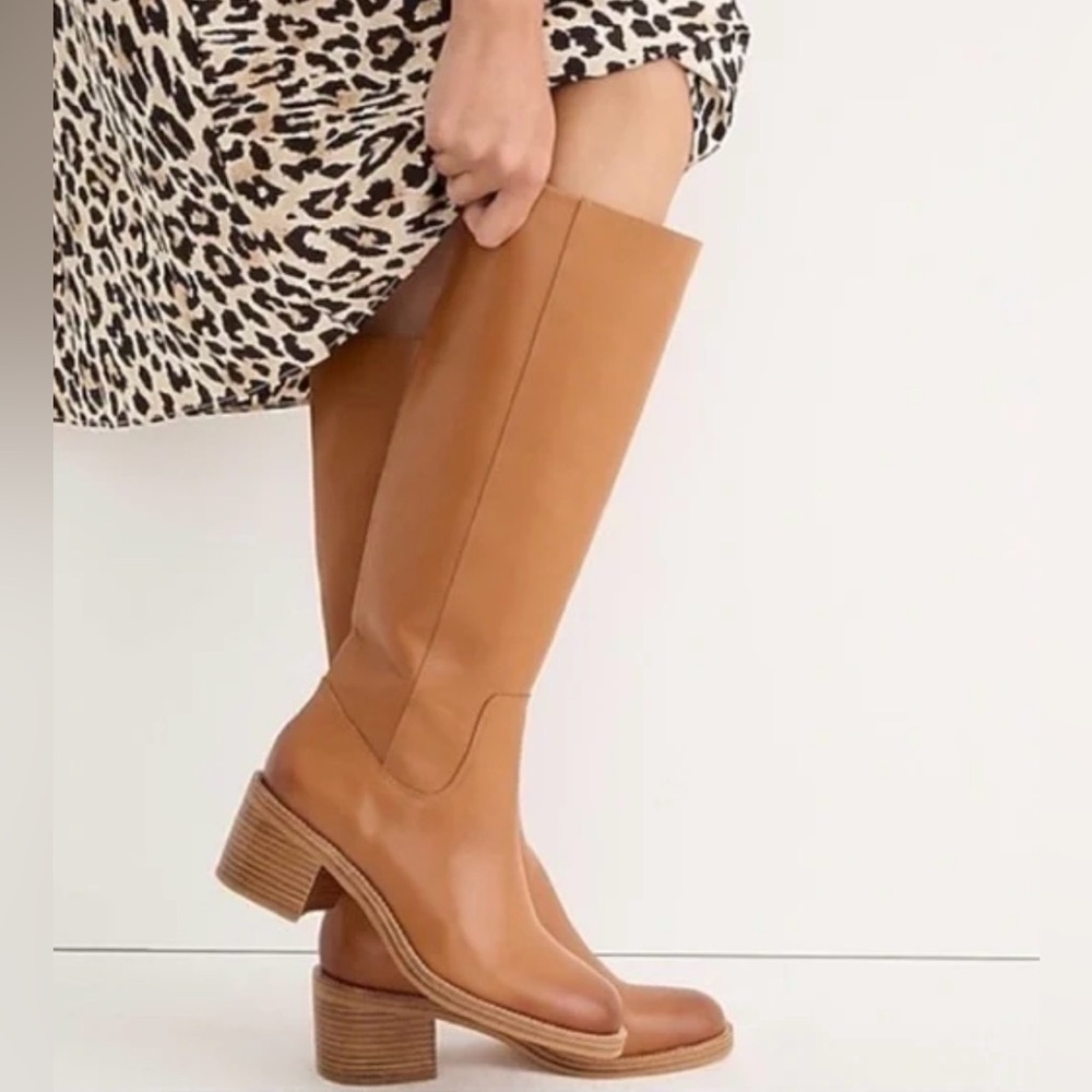 J. Crew Tall Knee-High Leather Heeled Boots in Tan
